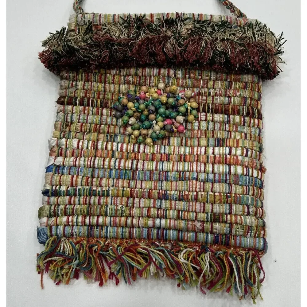 Handmade Lyn Jankowski boho Multicolored‎ fringe Beads Hippie handbag purse Snap